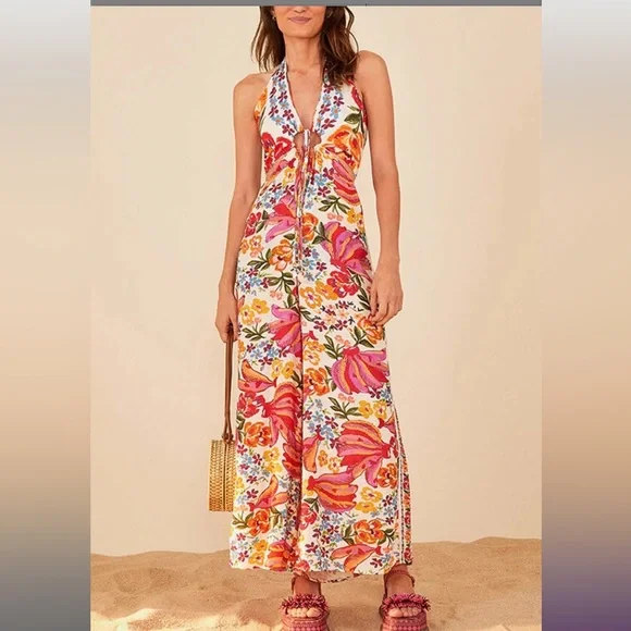 FARM Rio Floral Halter Maxi Jumpsuit in Bright Pink, Orange & Yellow - Picture 3 of 6